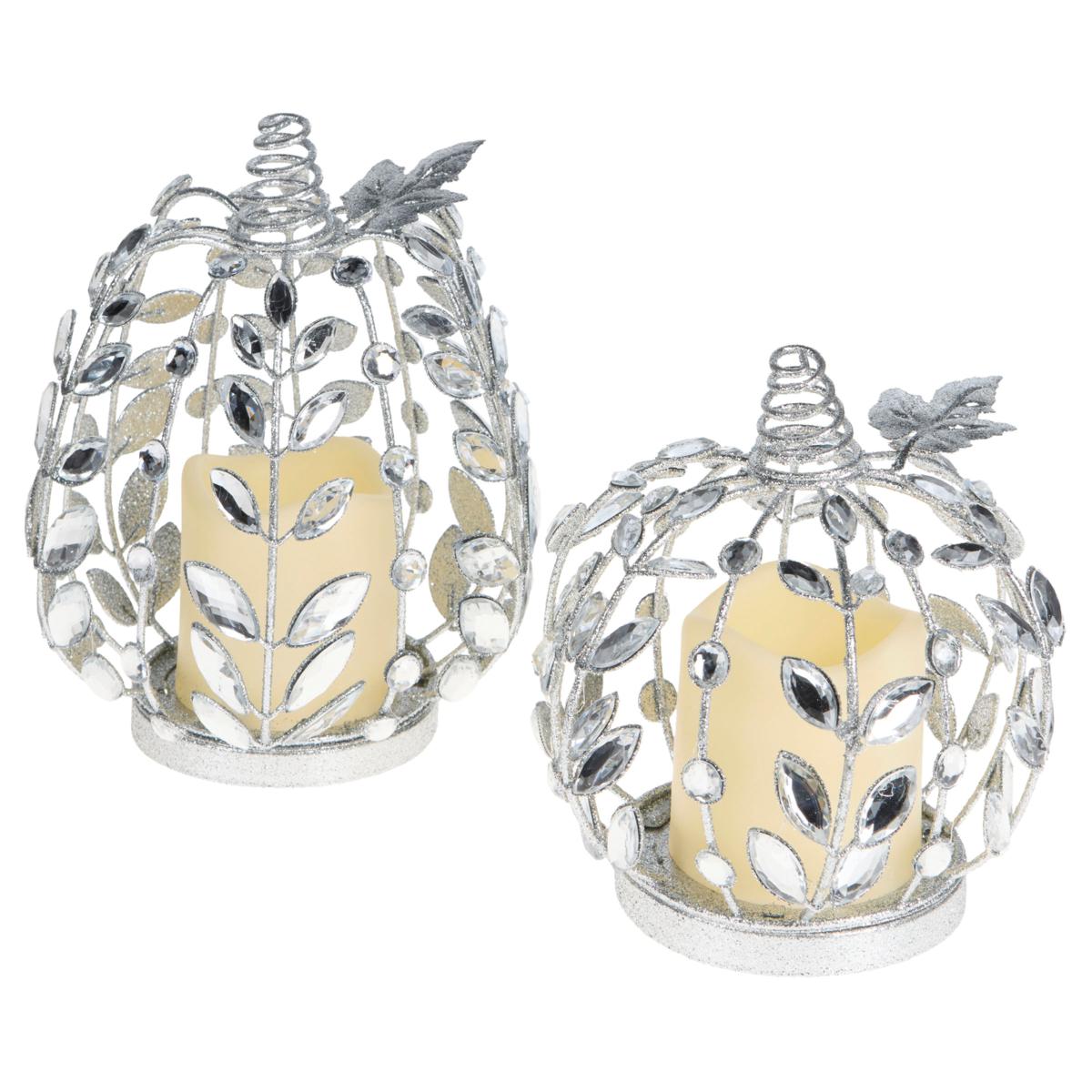 花模様 蓋付き 硯 緑 august & leo Set of 2 Jeweled Pumpkins w/Flameless Candles