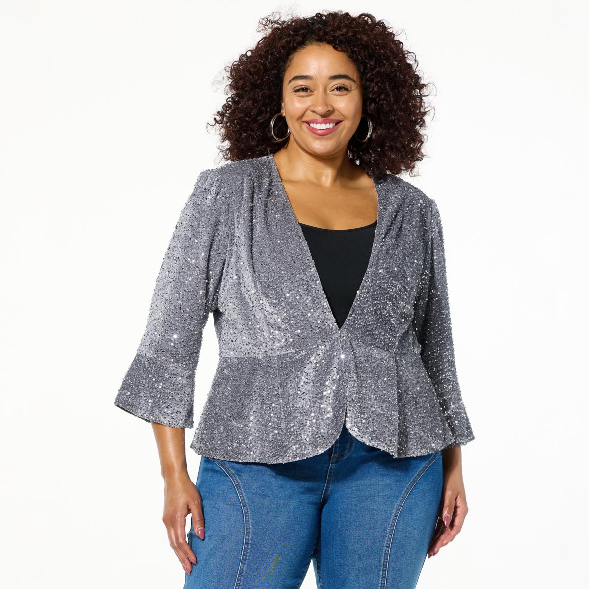 C Wonder by Christian Siriano Sequined Velvet Peplum Cardigan