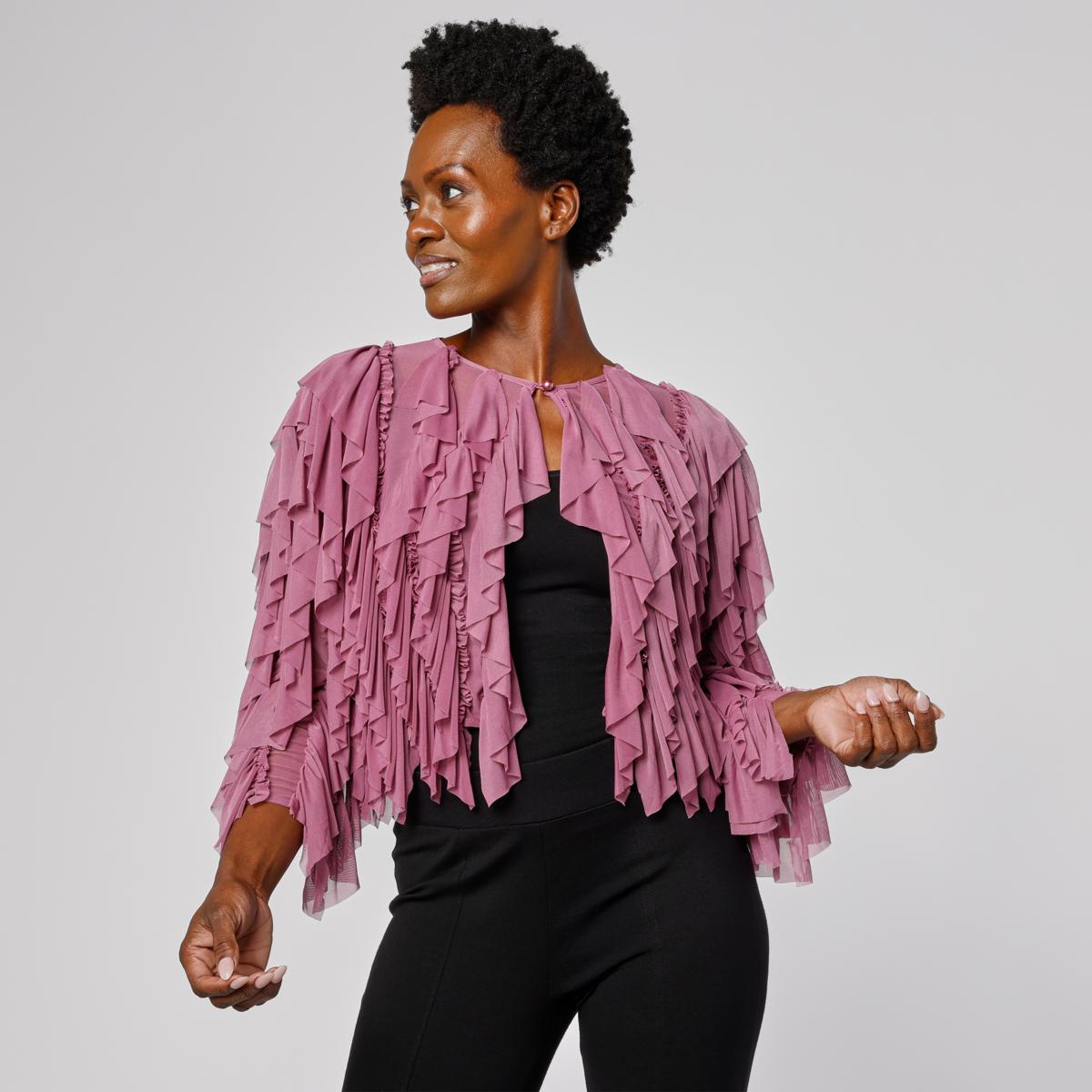 C Wonder Mesh Ruffle Tie Top | HSN