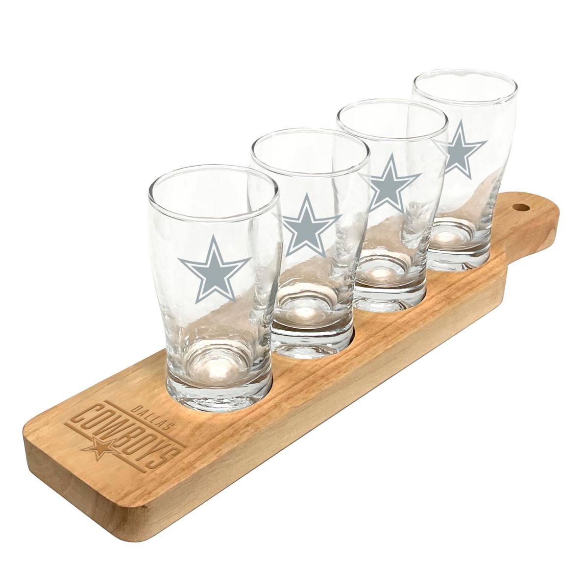 Beer Tasting Serving Set - Wood Paddle & 4 Glasses