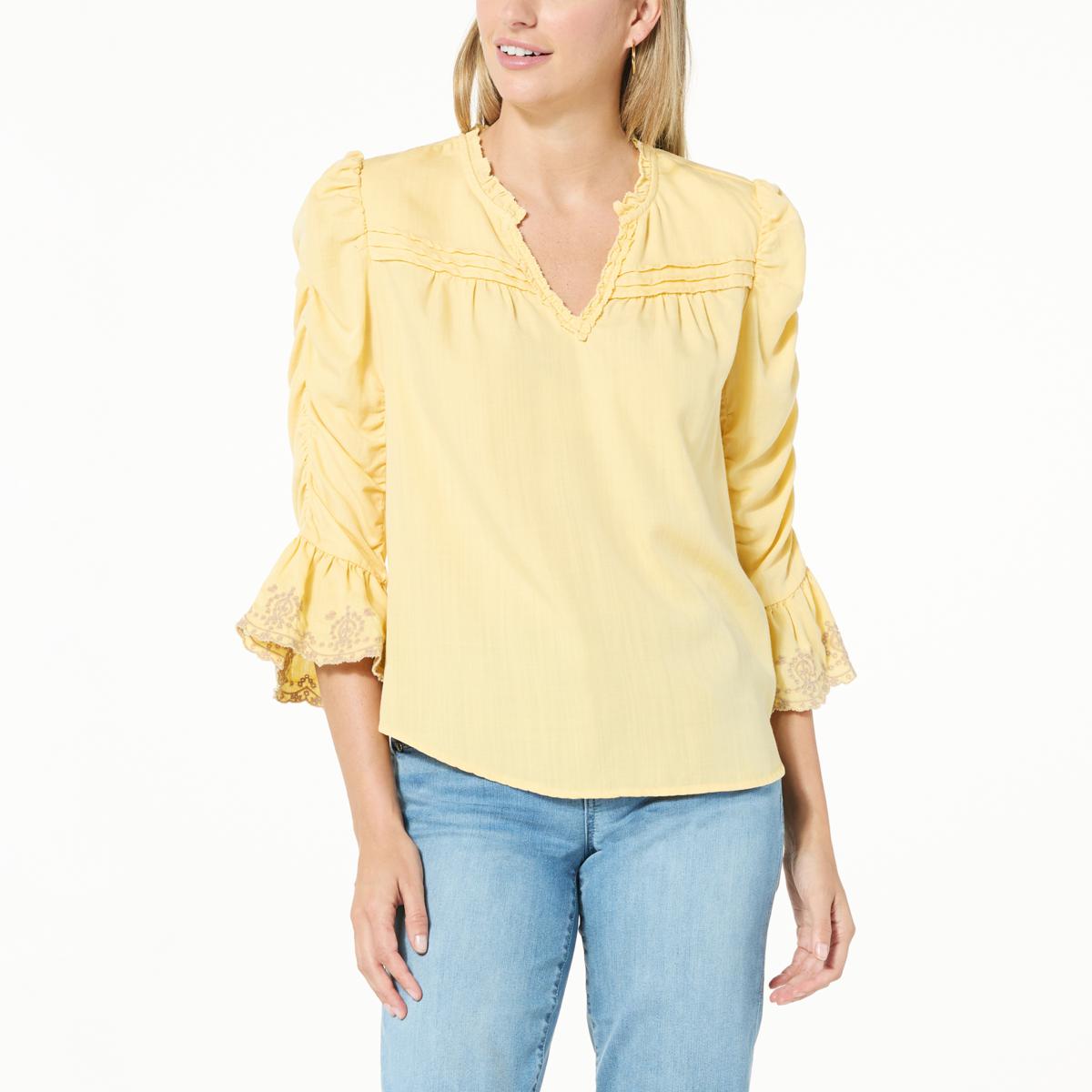 Democracy 3/4 Ruched Sleeve Woven Ruffled Edge Top