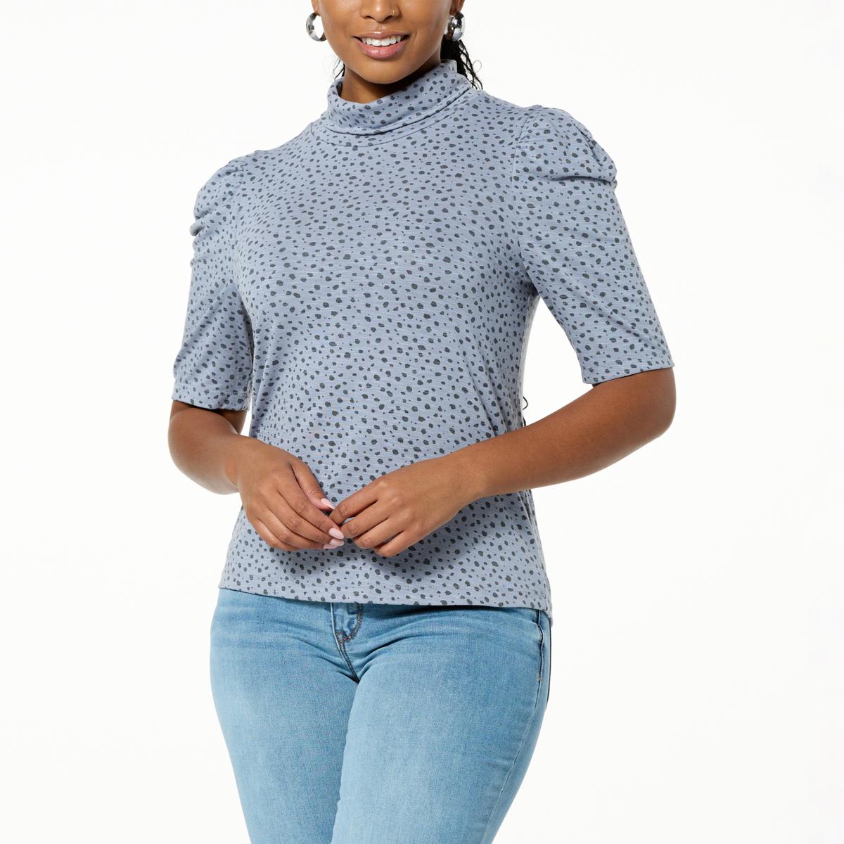 Democracy Printed Knit Puff-Sleeve Turtleneck Top