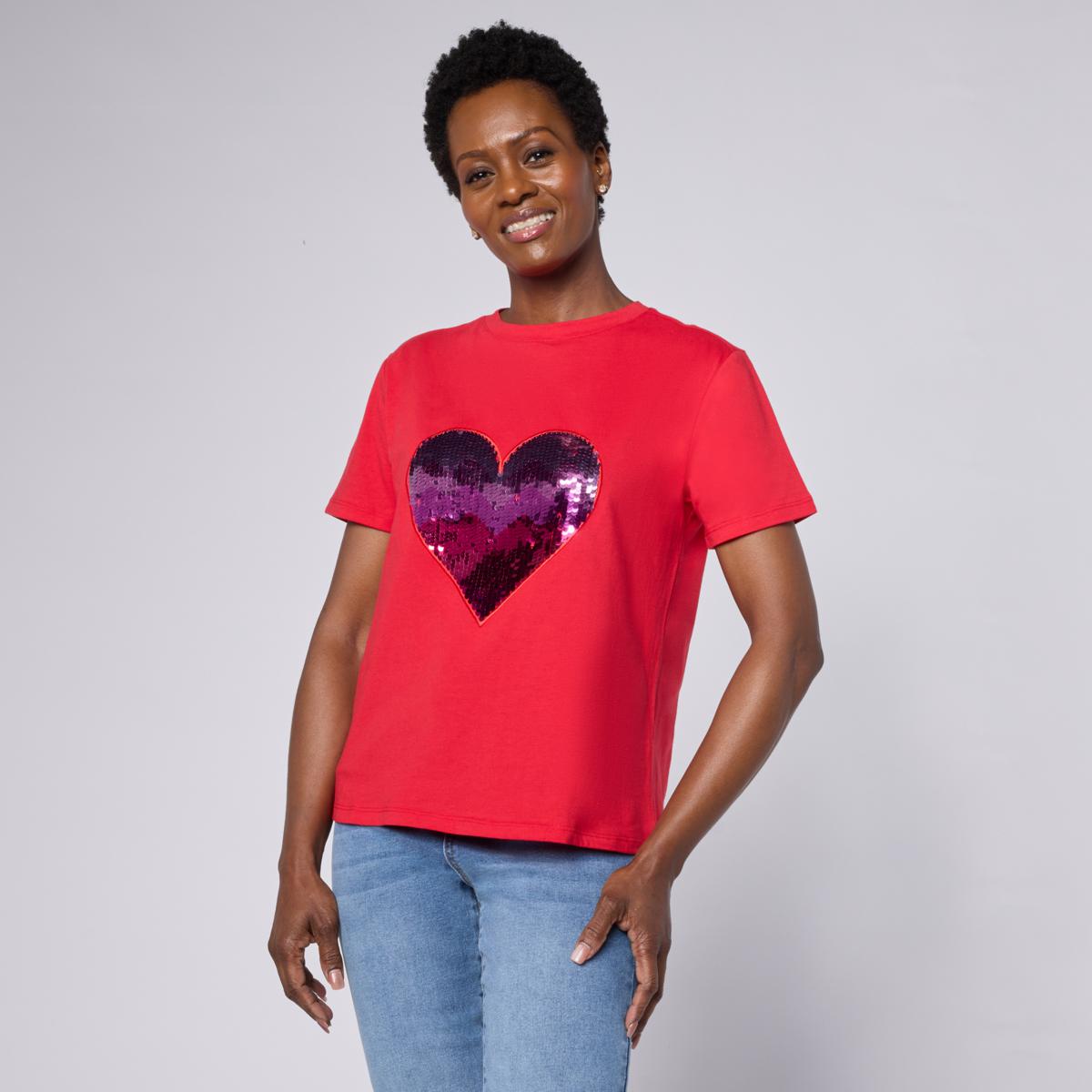 DG2 by Diane Gilman Cotton Jersey Short-Sleeve Heart Embellished