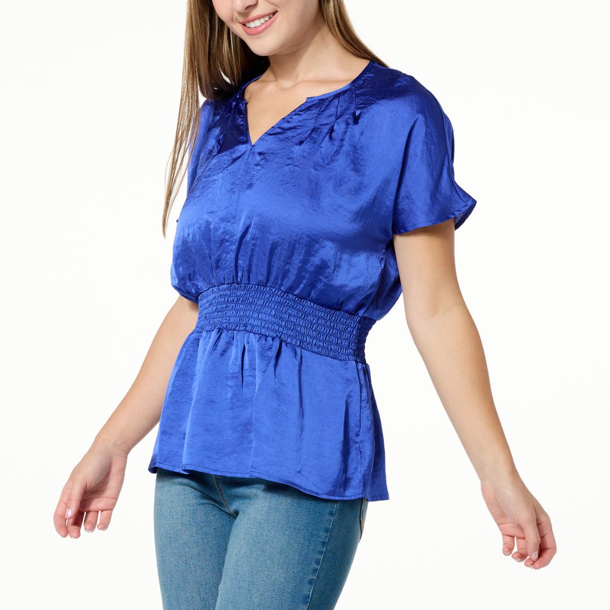 DG2 by Diane Gilman Dolman-Sleeve Smocked Waist Satin Peplum Top