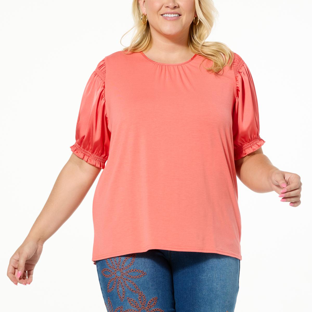 DG2 by Diane Gilman Just Like Silk & Jersey Knit Combo PuffSleeve Top