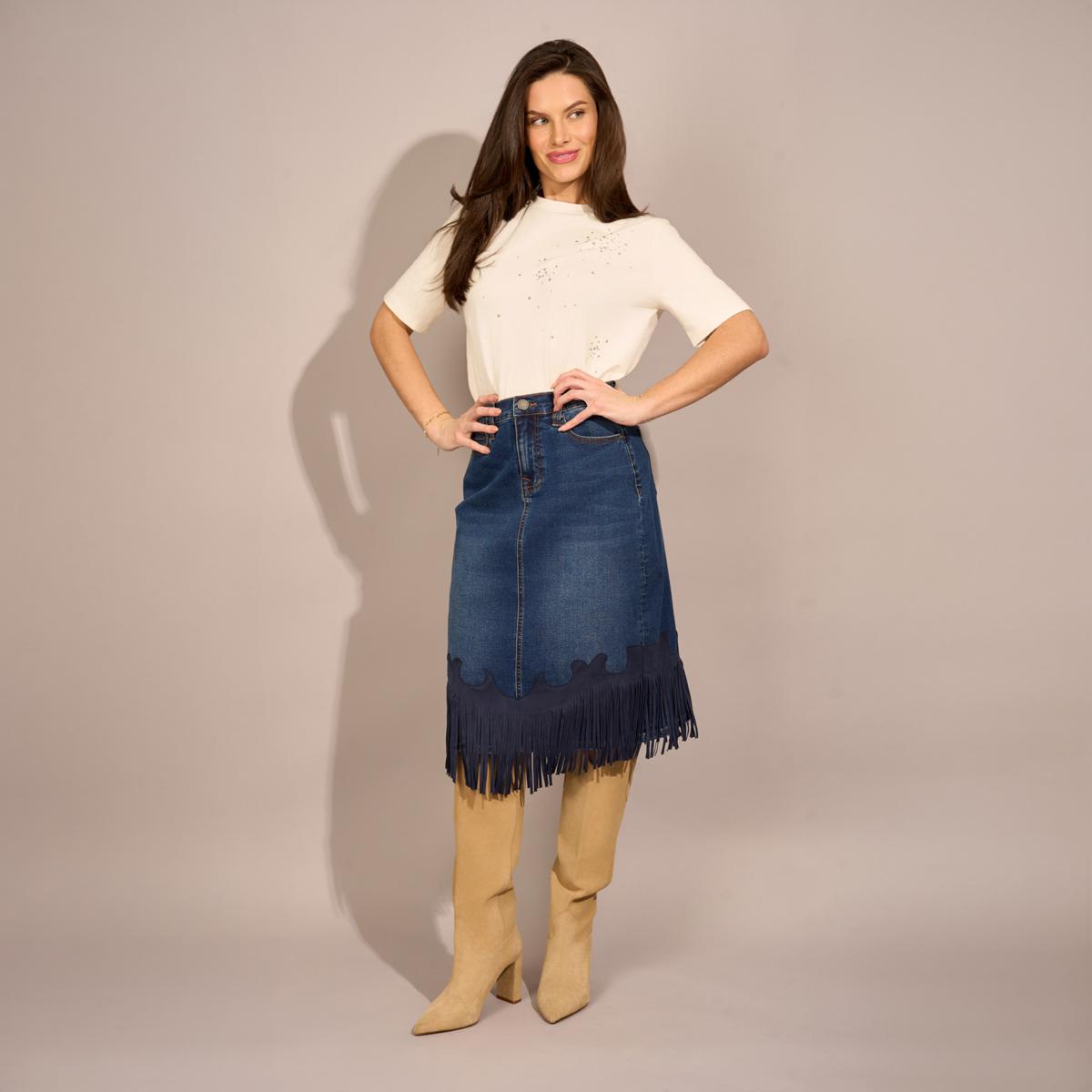 DG2 by Diane Gilman New Classic Stretch Western Fringe-Hem Midi