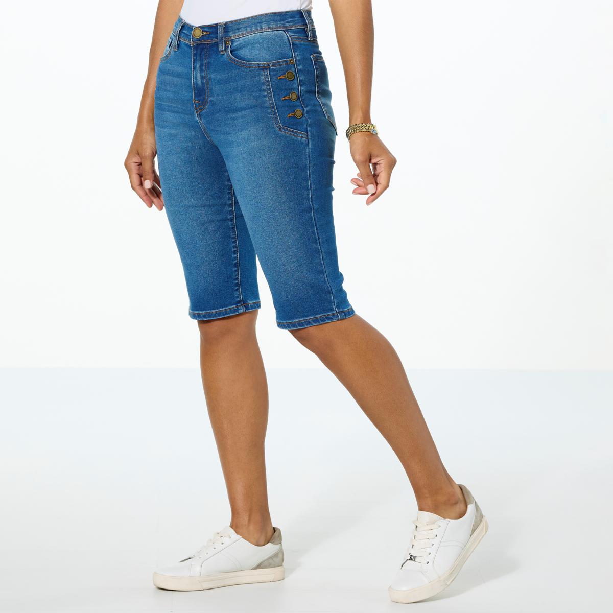 DG2 by Diane Gilman Virtual Stretch Denim Button Detail Bermuda Short ...