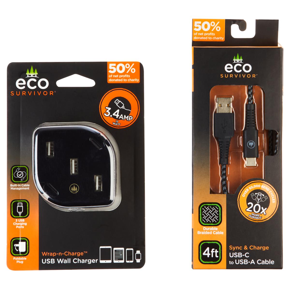 EcoSurvivor 3 USB Wall Charger w/Cable Management & 8ft USB-C Cable ...