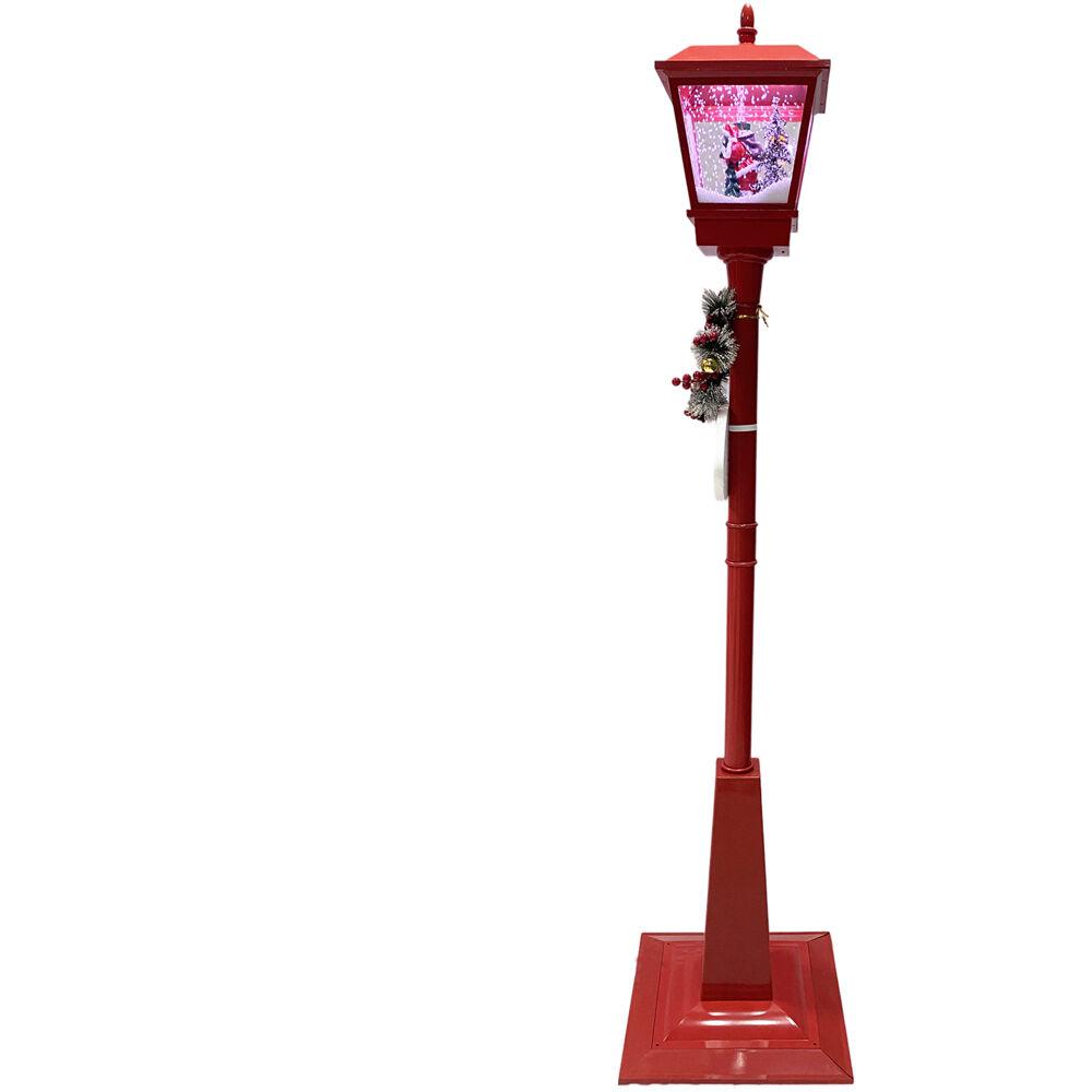 Fraser Hill Farm 71 in. Double Musical Lamp Post with 2 Red Lanterns and Snow