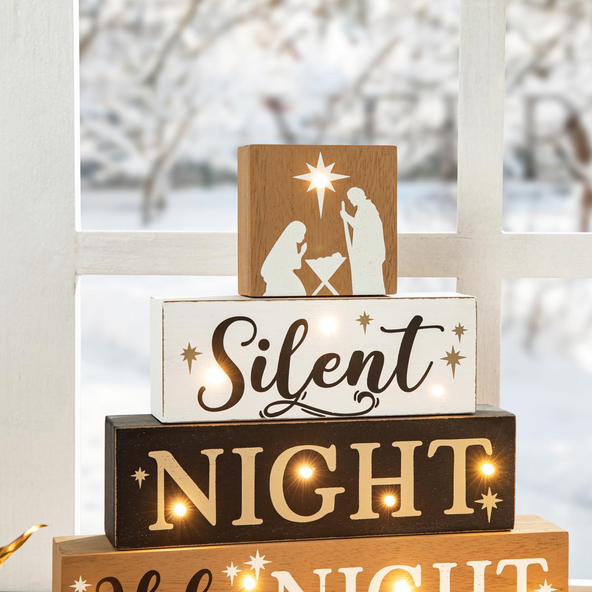 Glitzhome 12in H LED Lighted Wooden Block Word 2024 Sign Table Decor Christmas Gift