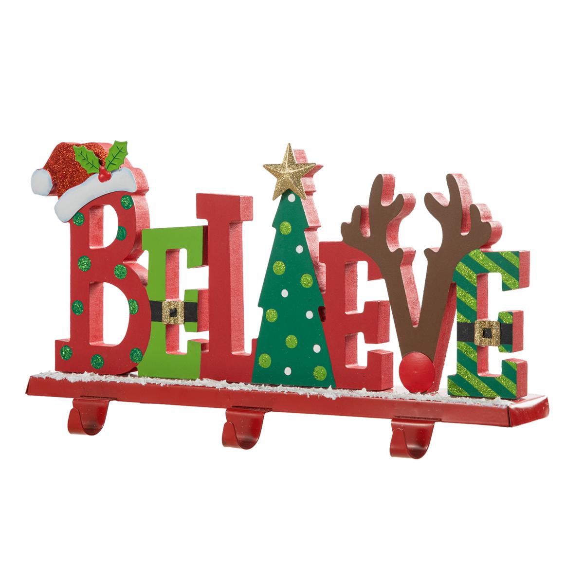 Glitzhome 14.5in. L Wooden and Metal BELIEVE Christmas Stocking Holder