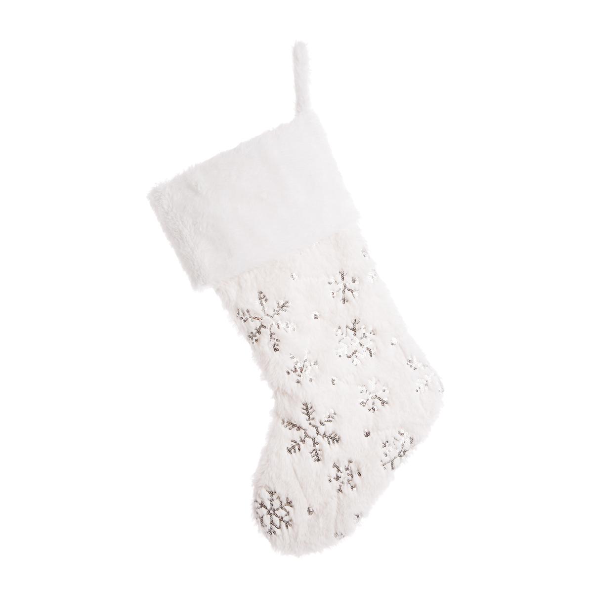 21 Inch White Velveteen Stocking With Silver Snowflakes