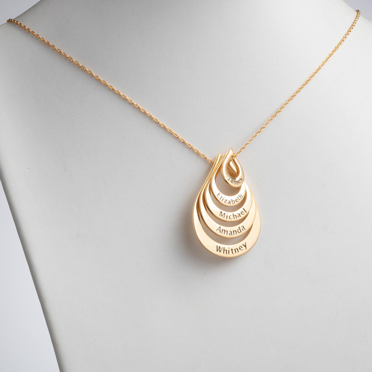 Name Necklace Engraved Drop Shaped Family Necklace 14K Gold Name Necklaces, Personalized Gifts, Silver Pear Shape