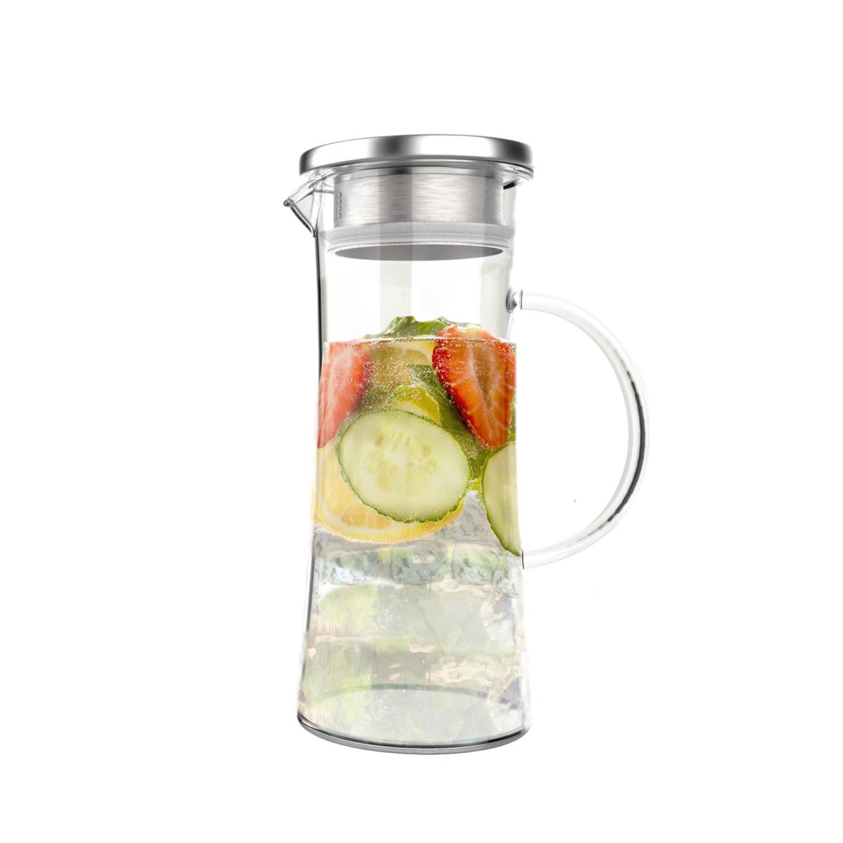 Heat Resistant Glass Water Pitcher with Auto Open Stainless Steel Lid Clear  Water Carafe for Hot and Cold Juice Beverage Tea