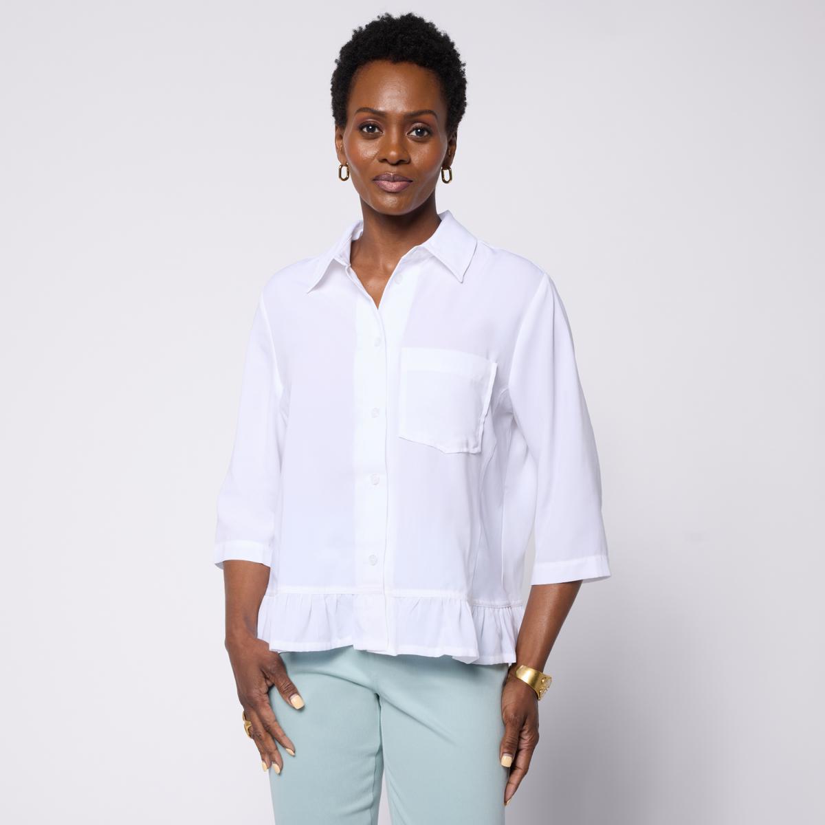 hugh6699✨ Hue Ruffle Hem 3/4-Sleeve Button-Down Top | HSN