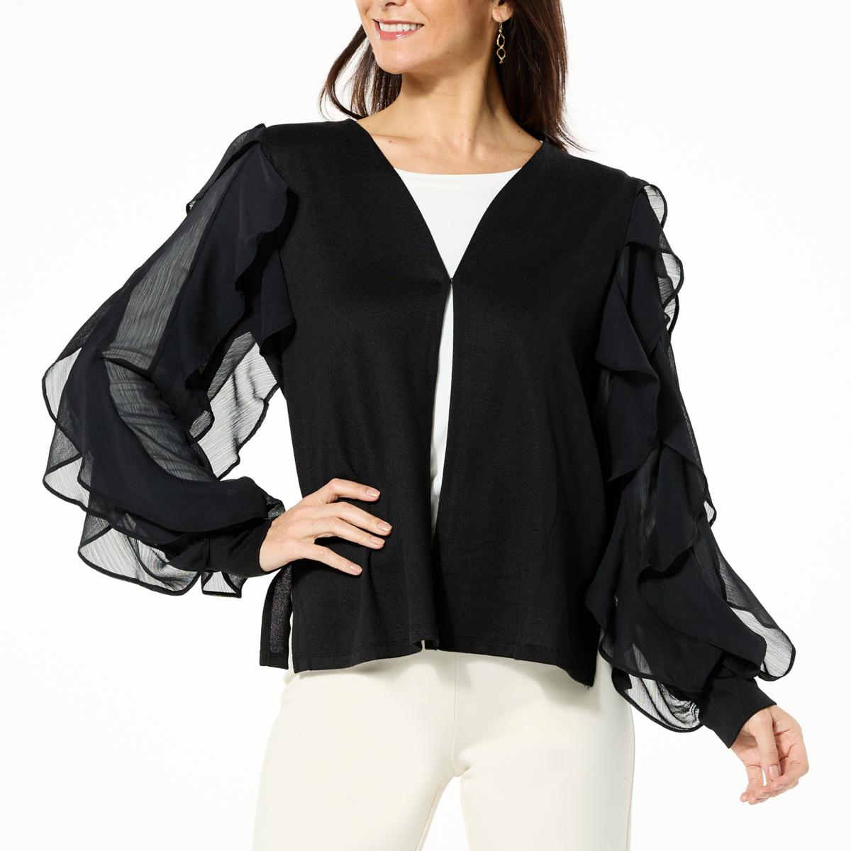 IMAN Global Chic Ruffle Sleeve Open Front Cardigan