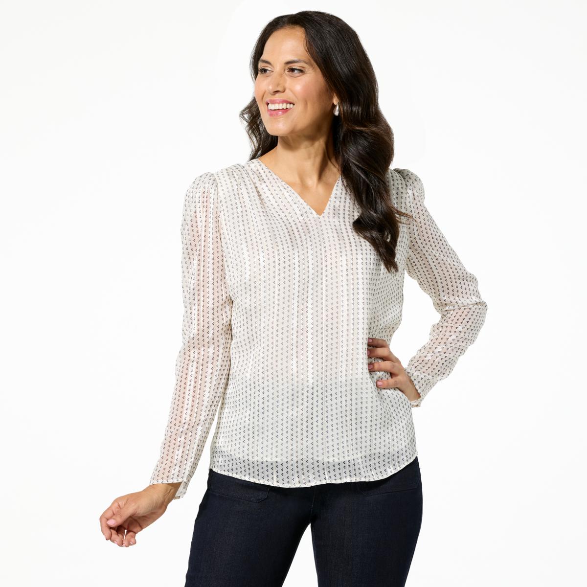 Jaclyn Smith Metallic Stripe Pleated V-Neck Blouse - 23307427 | HSN