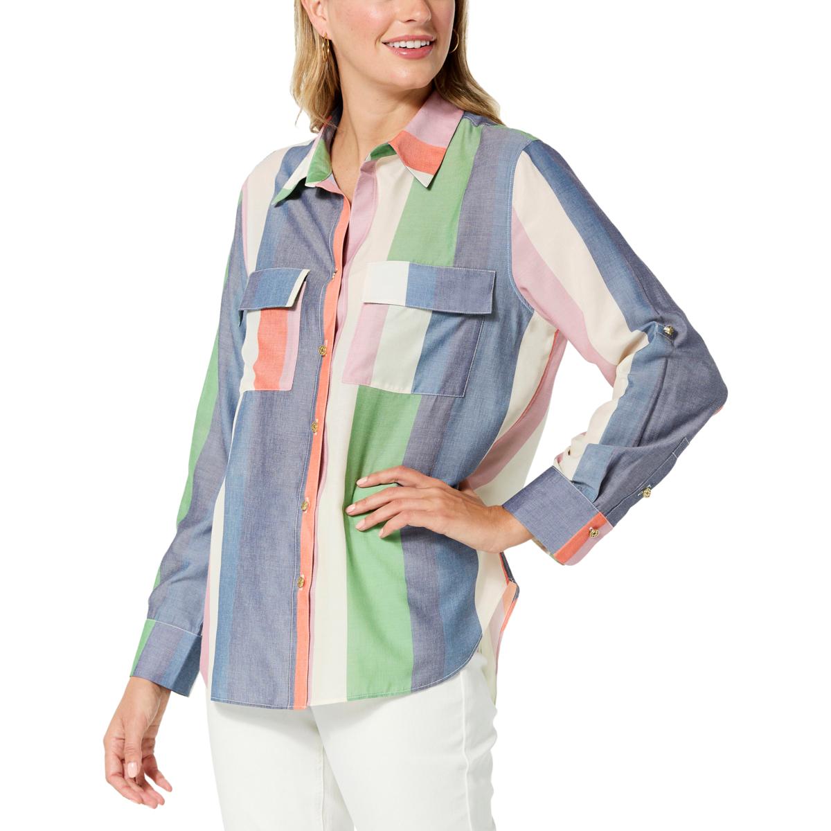 Jaclyn Smith Printed Rolled Sleeve Button Down Shirt 20653267 Hsn