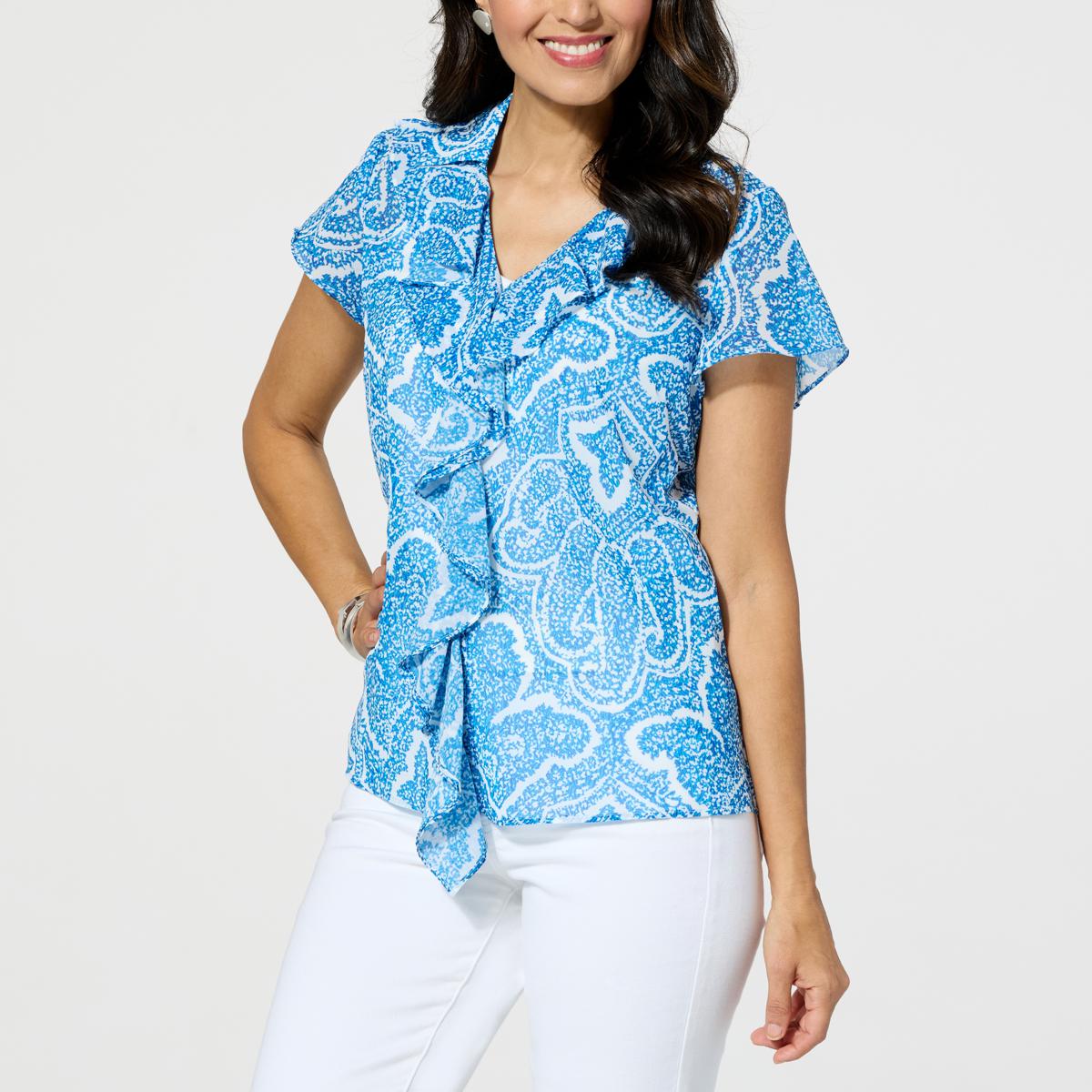 Jaclyn Smith Short-Sleeve Ruffle Front Printed Top with Camisole