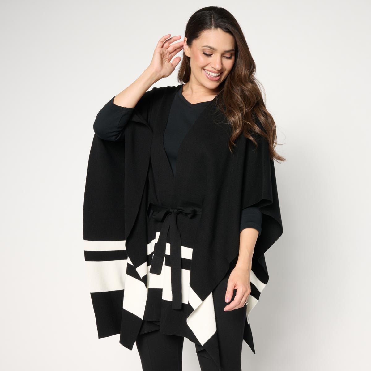 Jaclyn Smith Striped Sweater Knit Belted Capelet - 23571965 | HSN