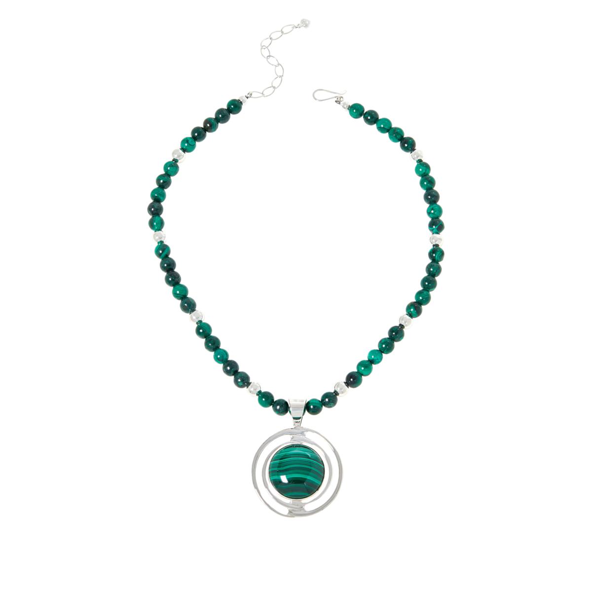 Jay King Sterling Silver Round Malachite Pendant with Beaded Necklace