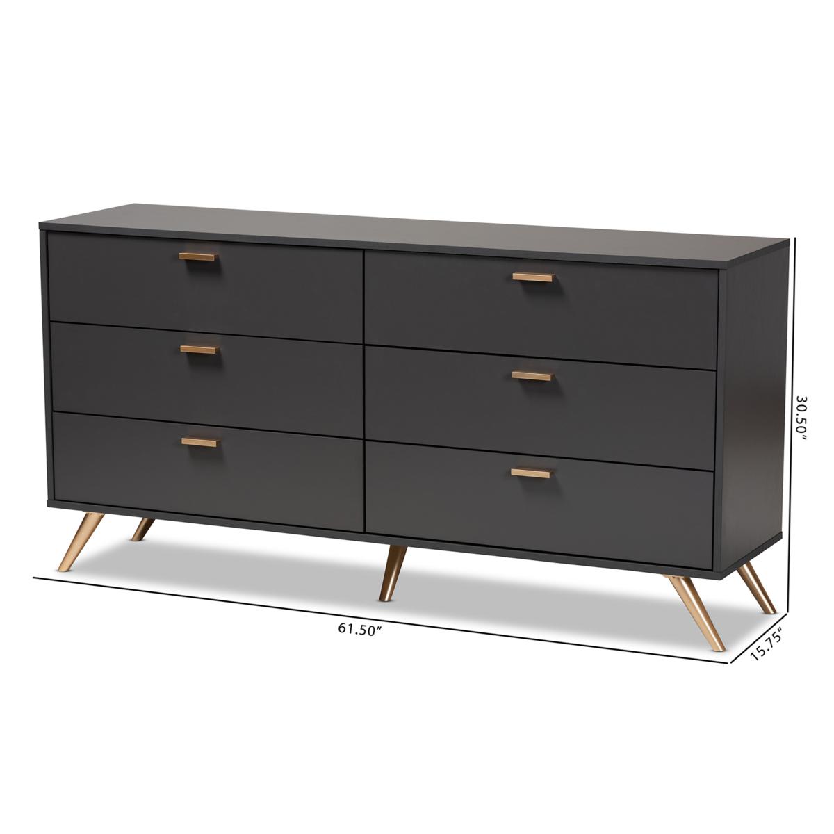 Kelson Dark Grey and Gold Finished Wood 6-Drawer Dresser | HSN