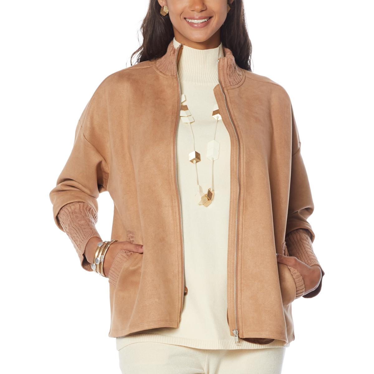 MarlaWynne Faux Suede Bomber Jacket with Sweater Knit Trim