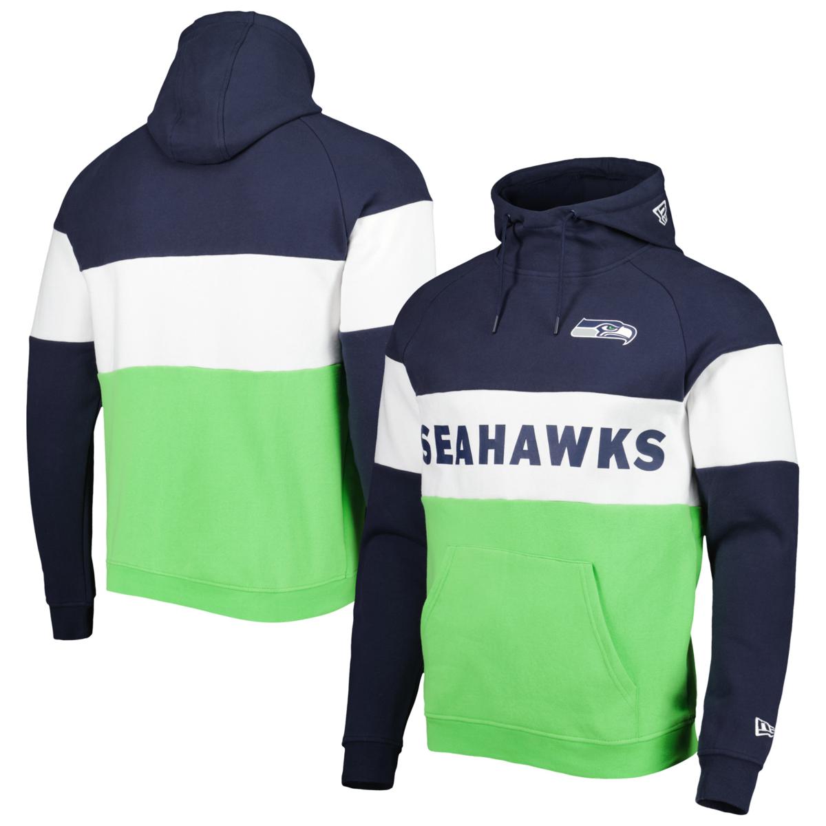 Men s New Era Neon Green College Navy Seattle Seahawks Colorblock Current Pullover Hoodie