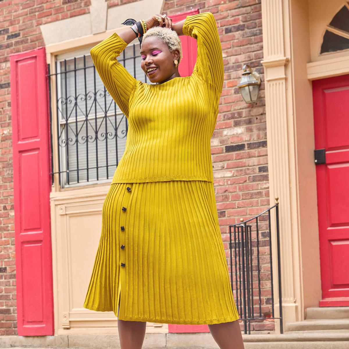 Nina Leonard 2-piece Ribbed Sweater Knit Top and Skirt Set | HSN