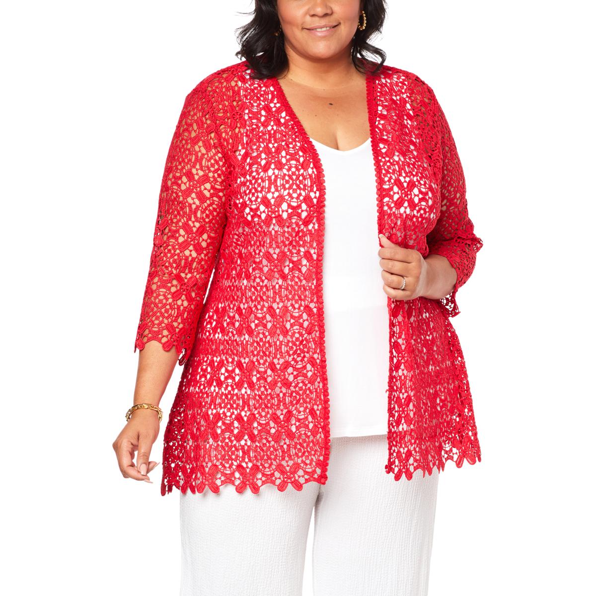 Nina Leonard 3/4Sleeve Open Front Crochet Cardigan 20309153 HSN