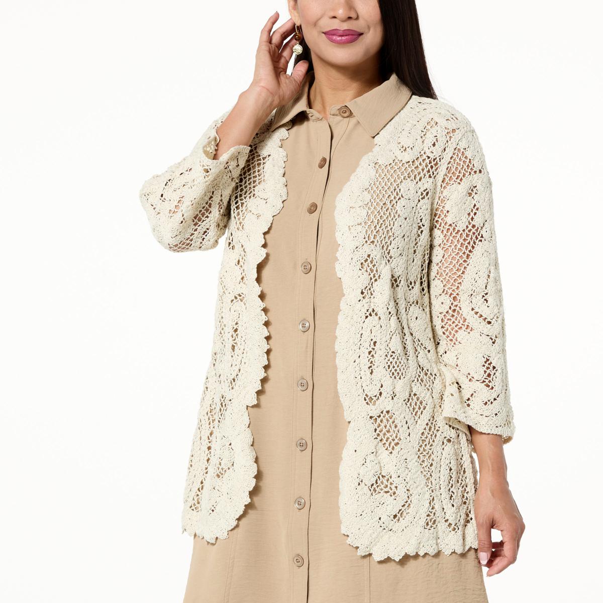 Nina Leonard 3 4 Sleeve Open Front Crochet Cardigan