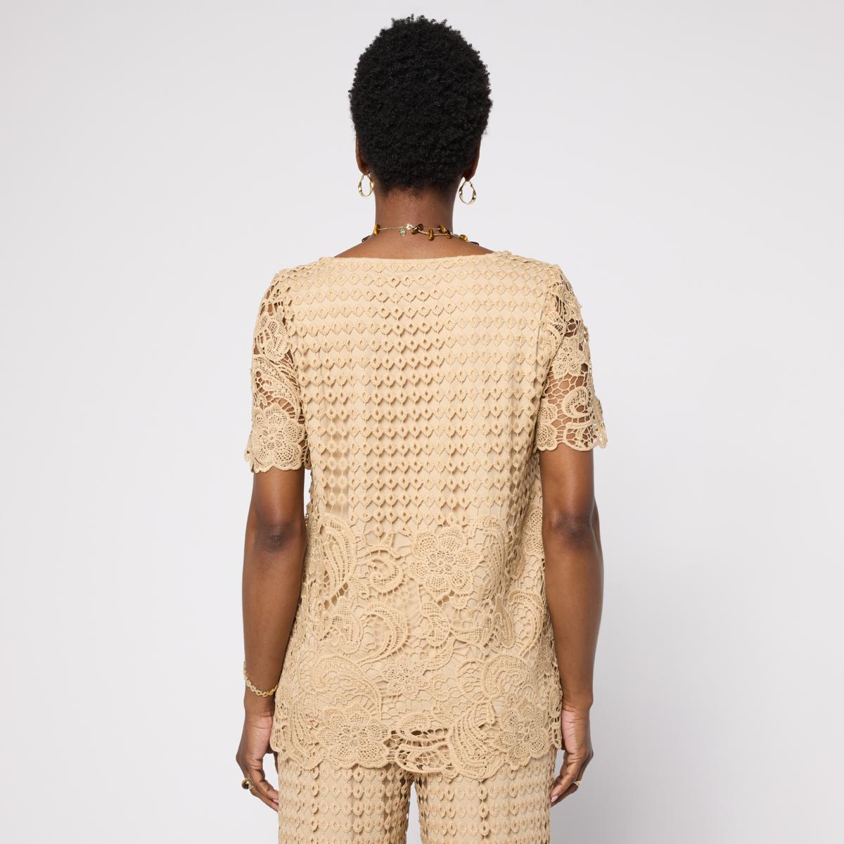 Nina Leonard Border Lace Elbow Sleeve Top | HSN