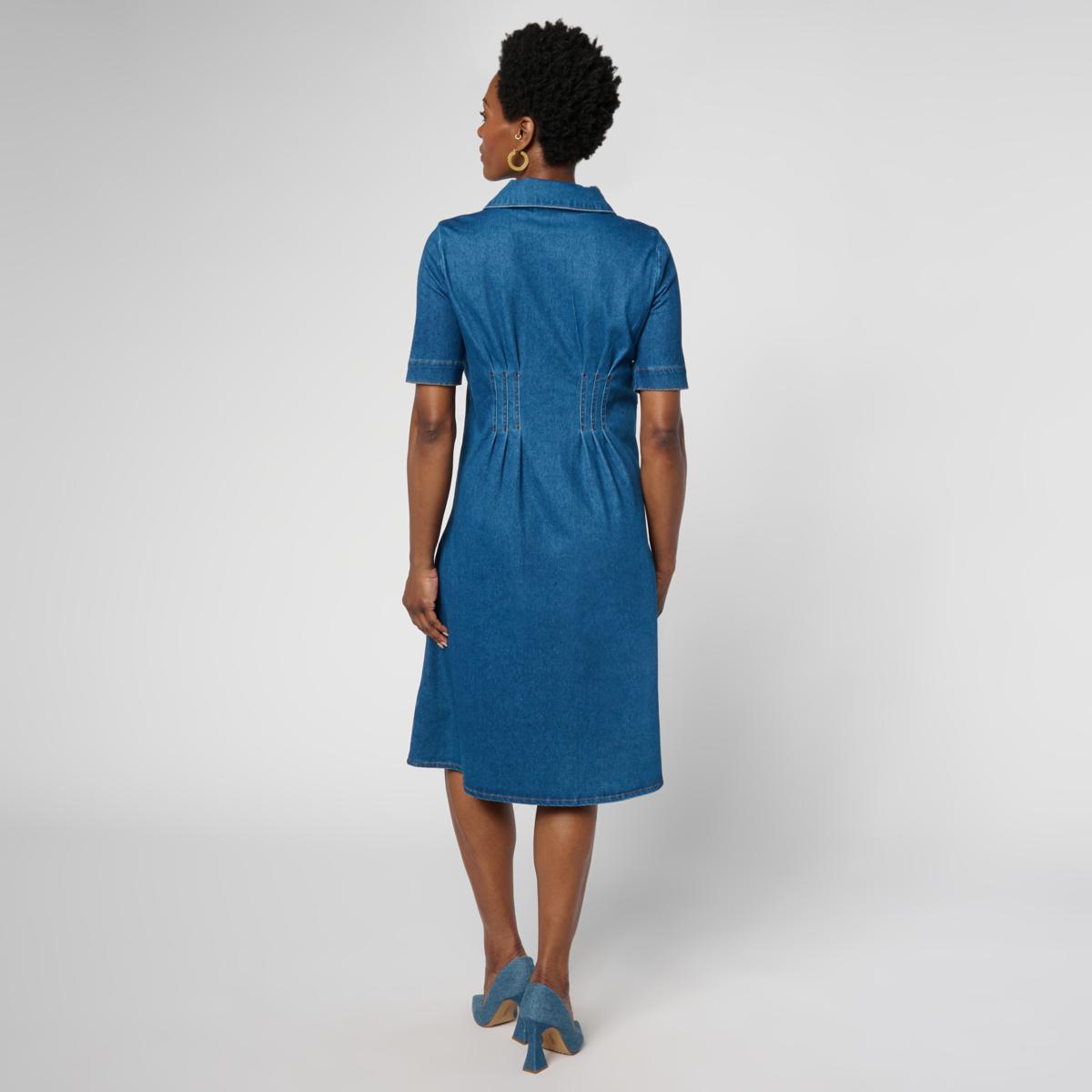 Nina Leonard Collared Button-Front Denim Knit Elbow Sleeve Shirt Dress - Blue - Size Large Nina Leonard Collared Button-Front Denim Knit Elbow Sleeve Shirt Dress - Blue - Size Large