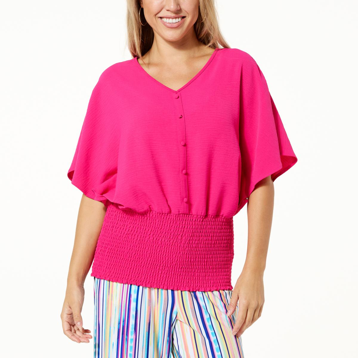 Nina Leonard Dolman-Sleeve Smocked Hem Button Top