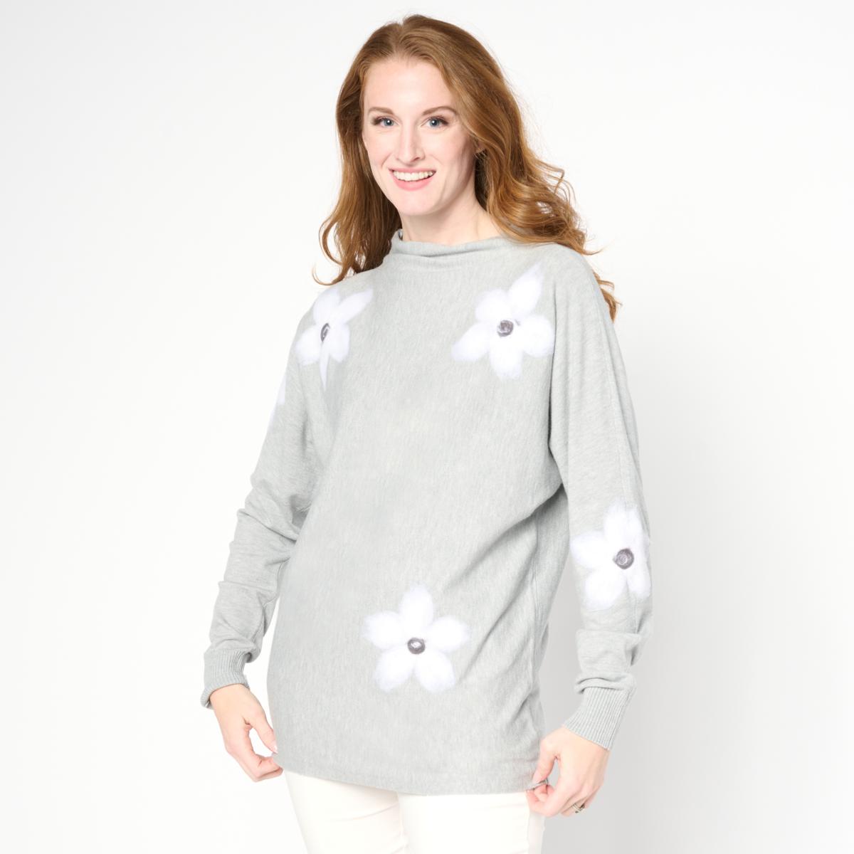 Nina Leonard Funnel-Neck Knit Appliqué Sweater | HSN