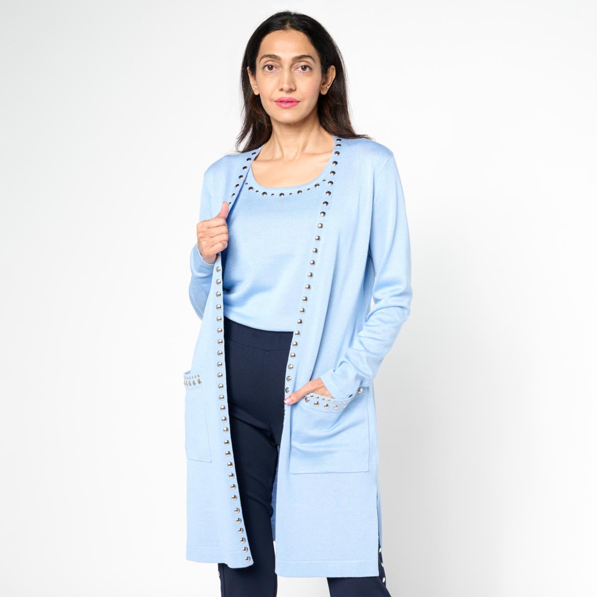 Nina Leonard Long-Sleeve Sweater Knit Studded Cardigan | HSN