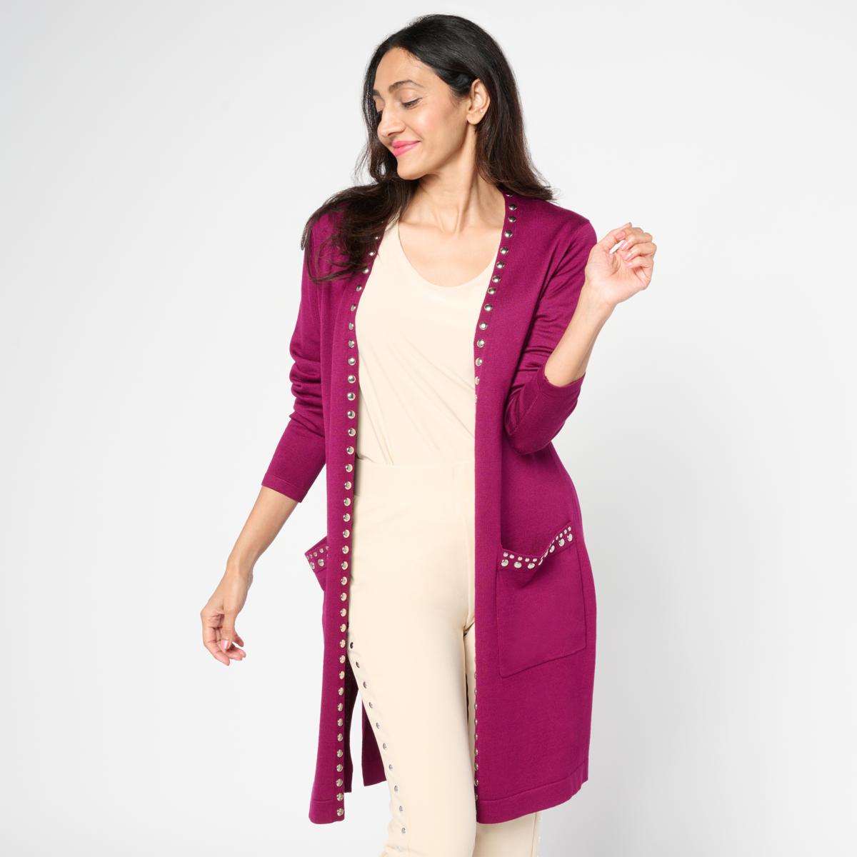 Nina Leonard Long-Sleeve Sweater Knit Studded Cardigan | HSN