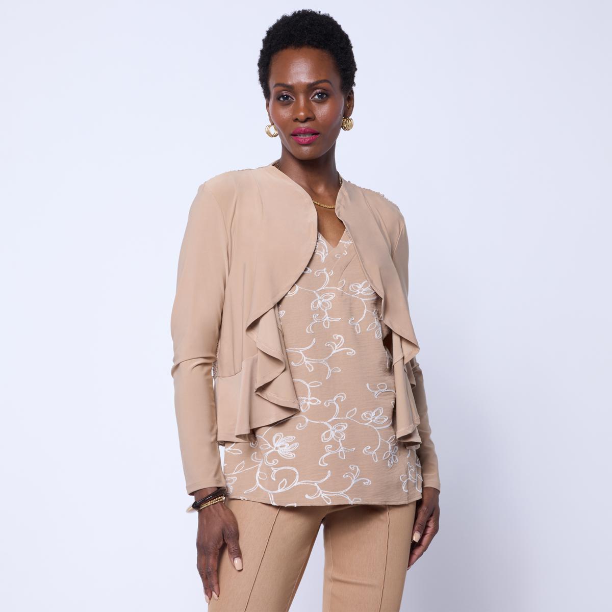 Nina Leonard Ruffled Edge Bolero with Sequin Mesh Knit Back Panel