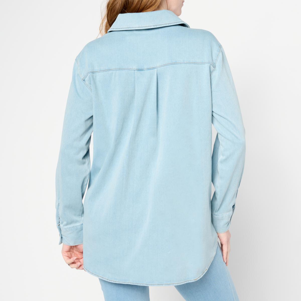 Nina Leonard Stretch Knit Denim Collared Shirt | HSN
