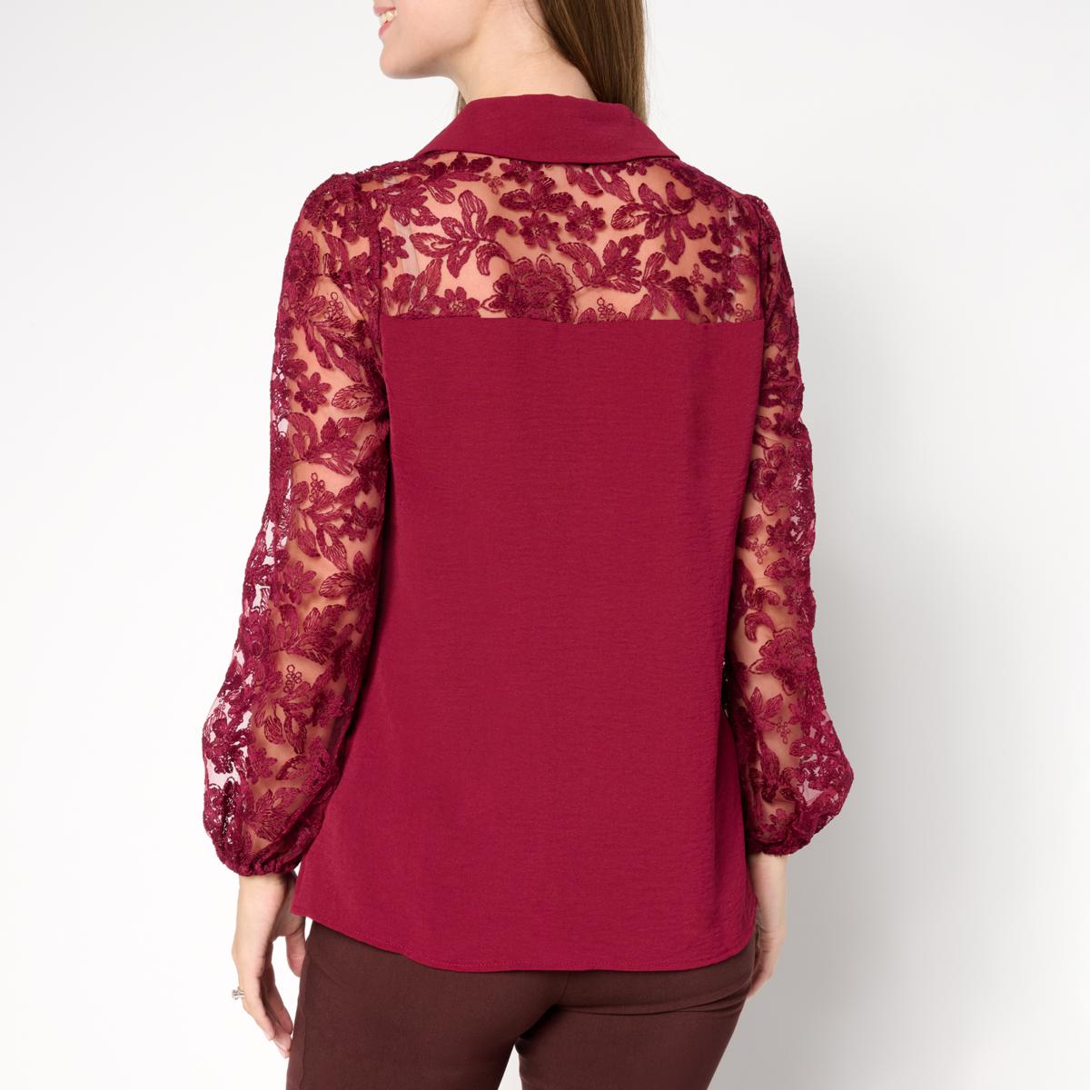 Nina Leonard Textured Wave and Embroidered Mesh Top