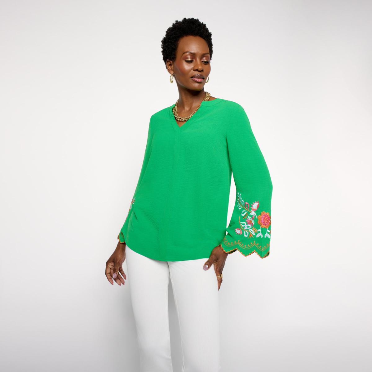 Nina Leonard Textured Wave Knit Embroidered Bell-Sleeve Top | HSN