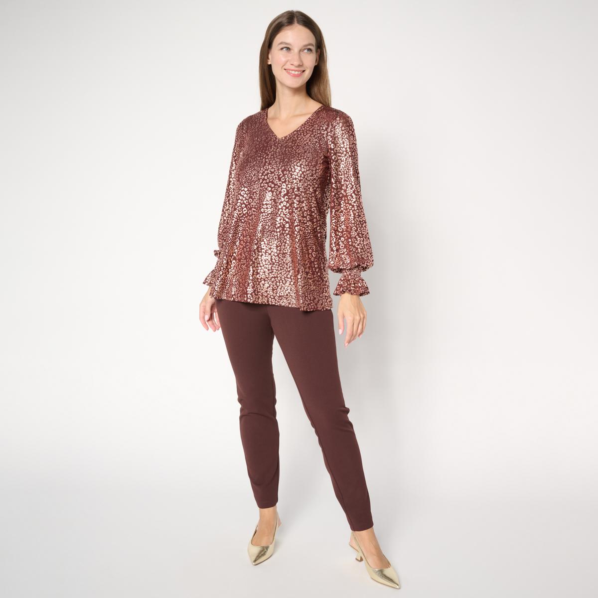 Nina Leonard V-Neck Printed Foil Powermesh Top | HSN