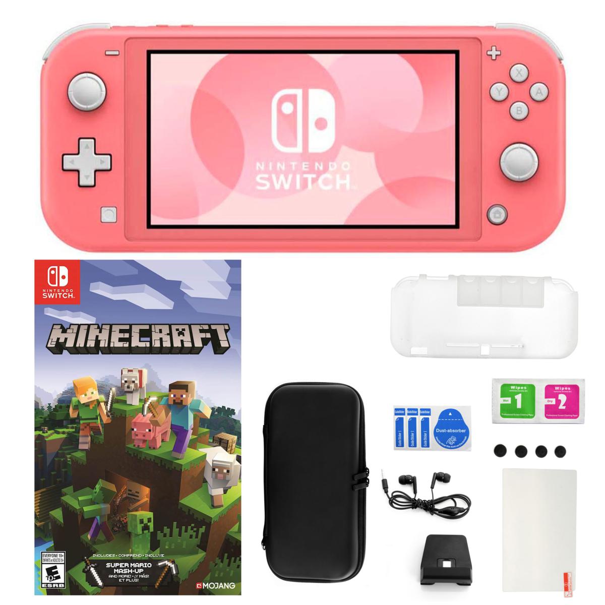 Nintendo Switch Lite in Coral with Minecraft Game and Accessories