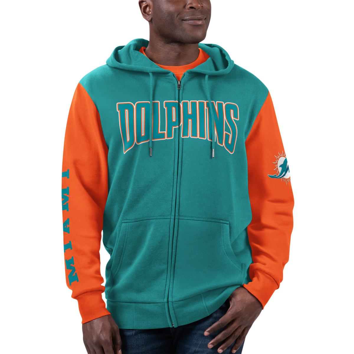 Maker of Jacket NFL Miami Dolphins Light Blue and Orange Varsity