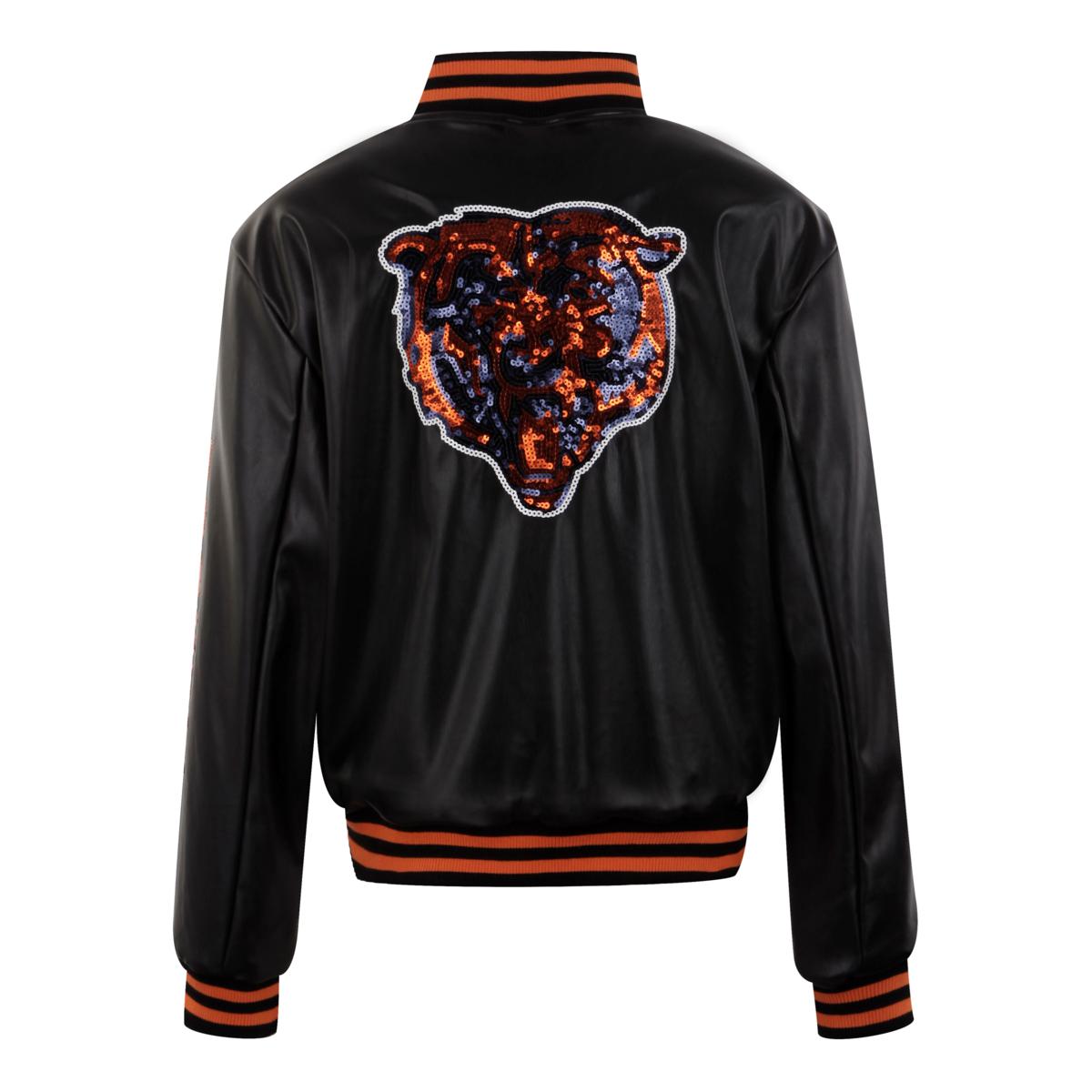 Officially Licensed NFL Sequin Logo Faux Leather Bomber Jacket