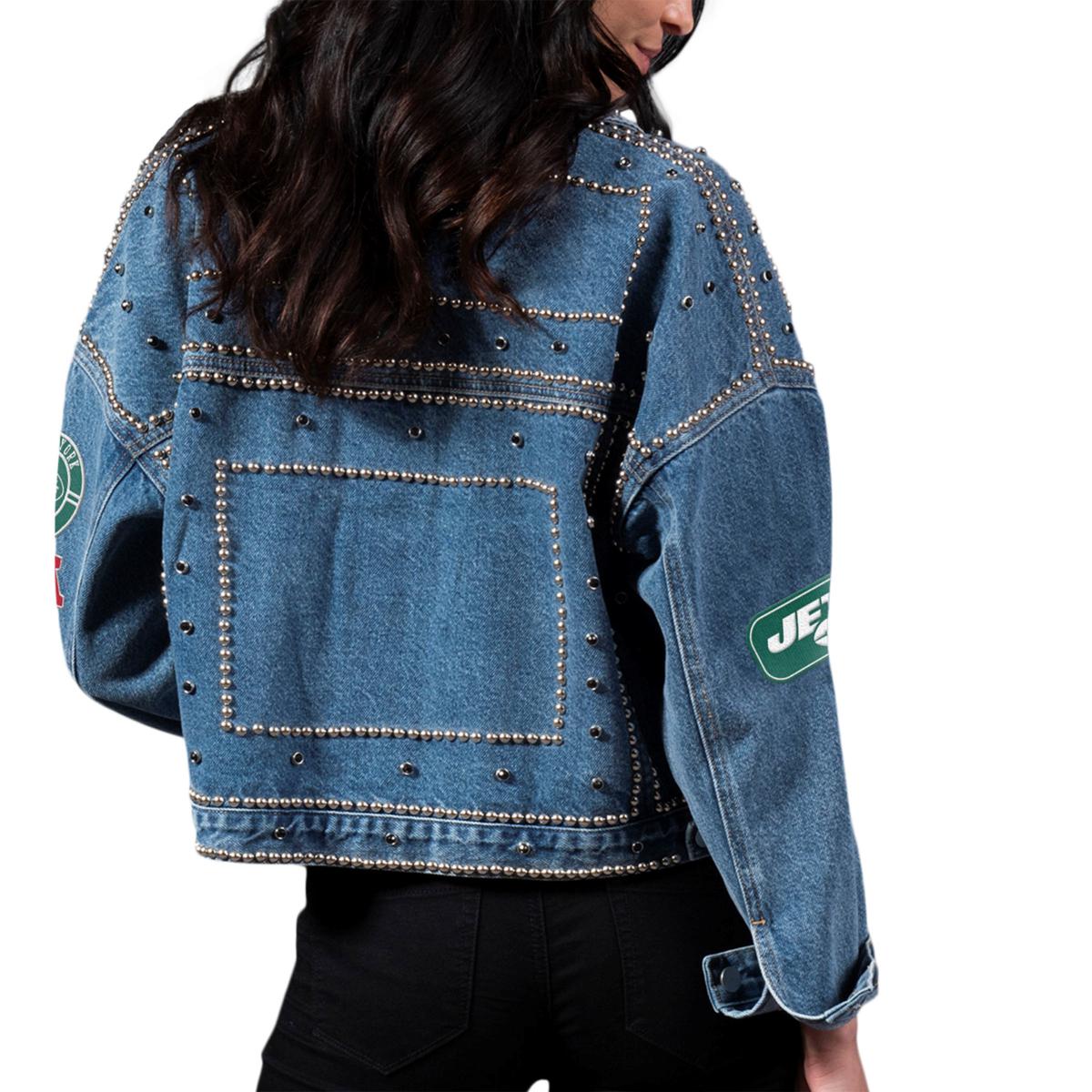 Football Fan Shop Officially Licensed NFL Women's First Finish Denim Jacket by Glll - Jets