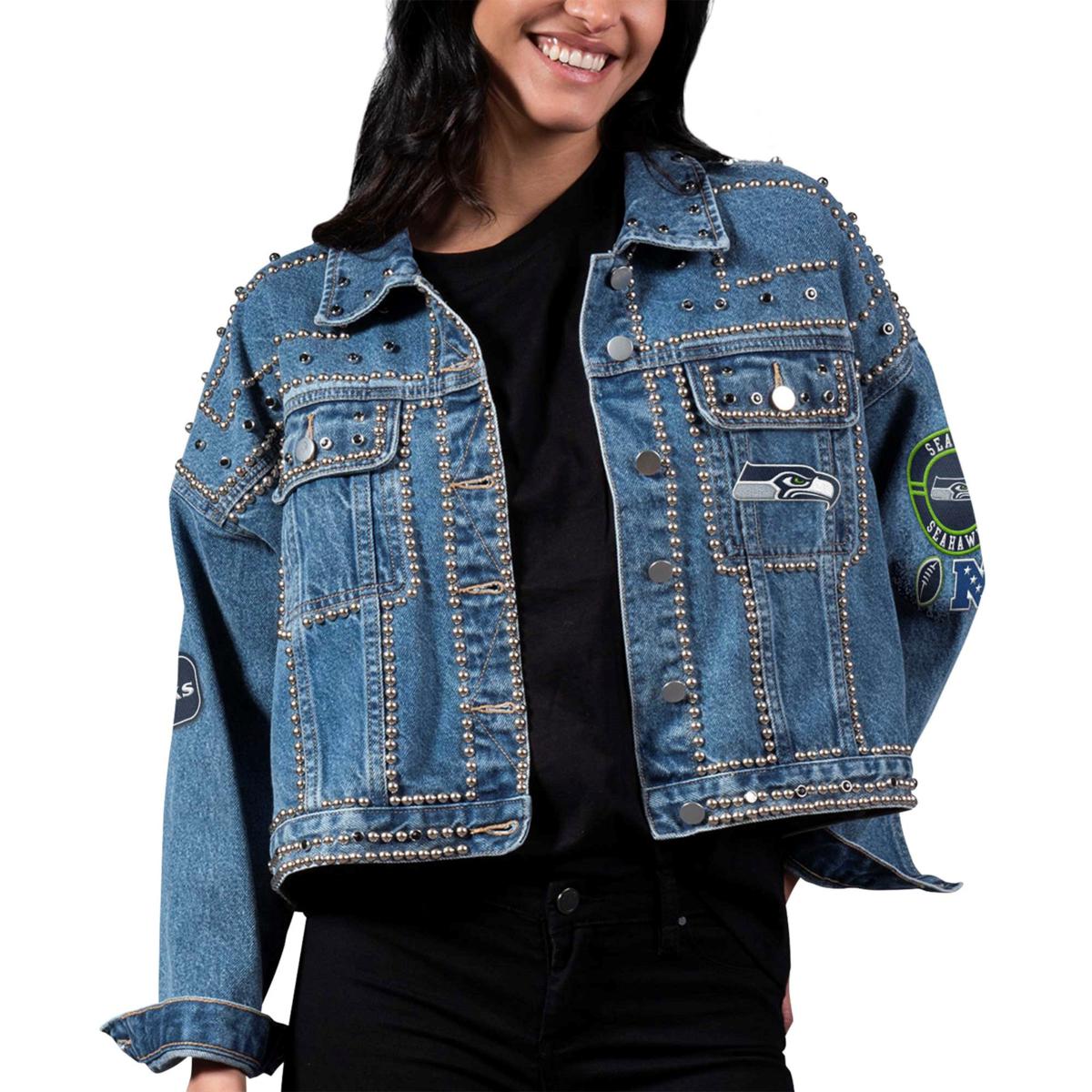 Football Fan Shop Officially Licensed NFL Women's First Finish Denim Jacket by Glll - Seahawks