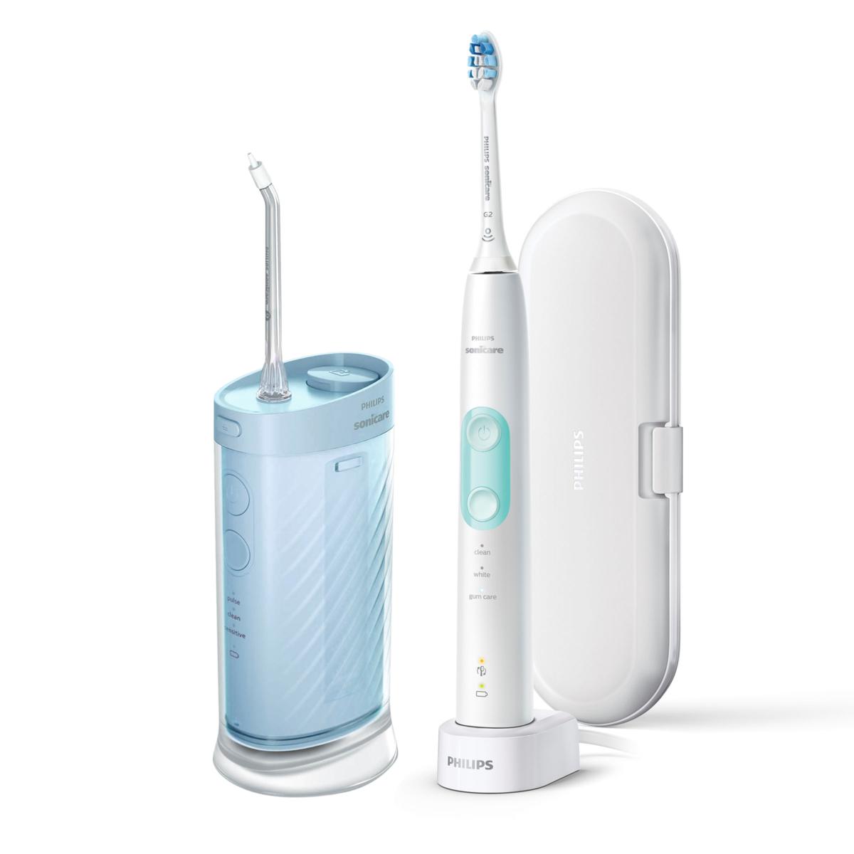 Philips Sonicare ProtectiveClean 5100 Rechargeable Electric Toothbrush with Pressure Sensor, 3 Cleaning Modes, SmarTimer and QuadPacer, 14-Day Battery Life, Travel Case (White) + Philips Sonicare 1000 Compact Flosser