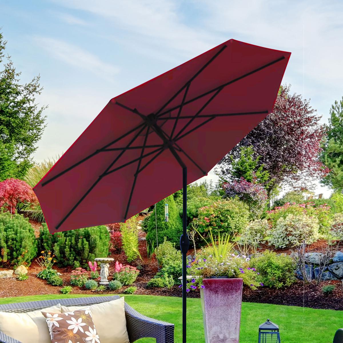 9' red patio umbrella Cannes Wooden Outdoor - Crafted from durable polyester fabric in a solid red color VILLACERA 9-ft Aluminum Red Push-button