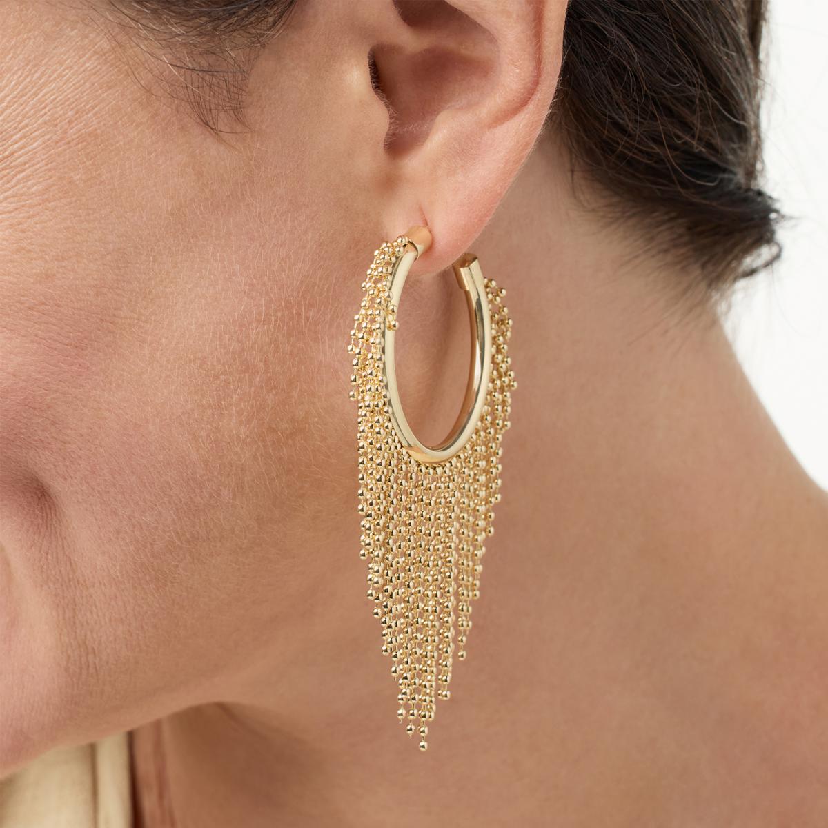 Pave Diamond Fringe Yellow Gold Drop Hoop Earrings